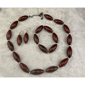 GSJ Red Jasper Gemstone Necklace Earrings Bracelet Set 19" 6" Signed